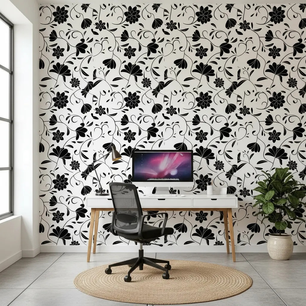 Papel Vinilico Blanco Flores Negras Galia 46/3 Muresco Ds Blanco Y Negro