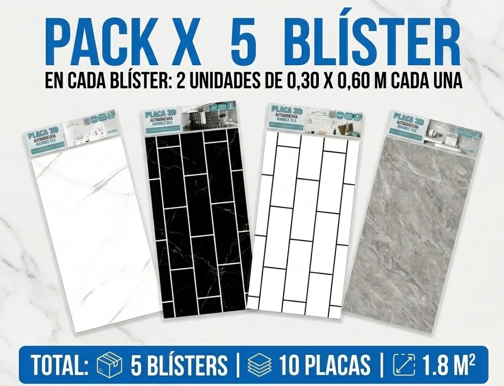 Pack X 5 Placas 3d Adhesivas Pared Muresco Laminadas Marmol Subway Negro