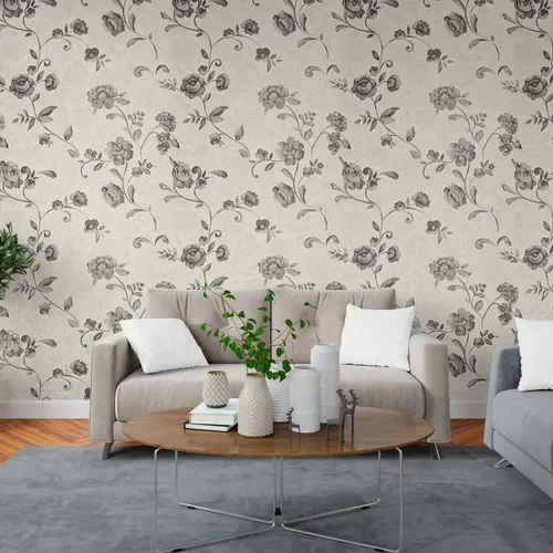Papel Vinilico Flores Gris Osc F/ Crema Ayun Muresco 6403/4