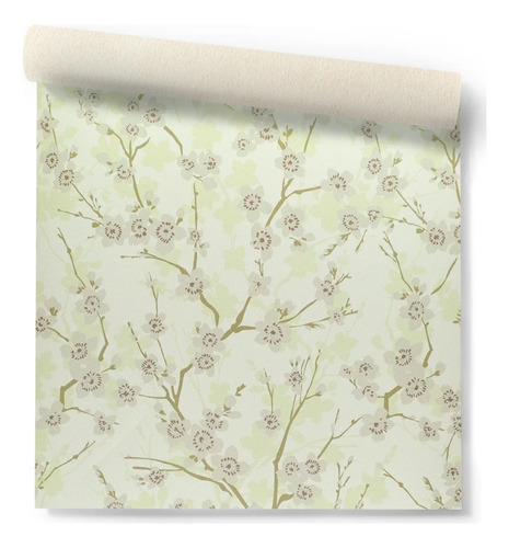Papel Vinilizado Ramas Con Flores Verde Iara Muresco 72/3