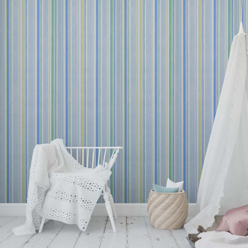 Papel Vinilizado Rayado Cuentos Muresco 7810/1 Decostock Celeste Y Verde