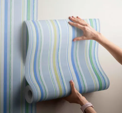 Papel Vinilizado Rayado Cuentos Muresco 7810/1 Decostock Celeste Y Verde