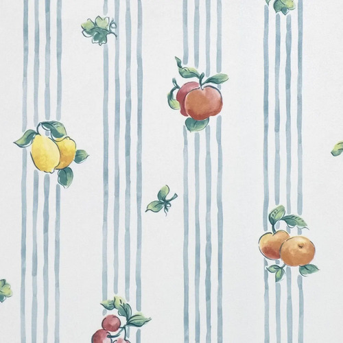 Papel Vinilico F/ Blanco Rayado Frutas Ideal Cocina X 9,5 Mt