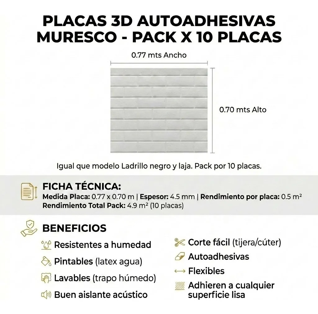 Placas X 10 3d Autoadhesivas Pared Muresco Pintable/lavable  Blanco Laja