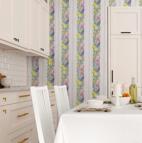 Papel Vinilico F/blanco Frutas Rayado Ideal Cocina X 9,50 Mt