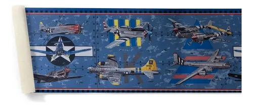 Guarda Vinilica Importada X 4,57 Mts Aviones Combate F/azul DecoStock