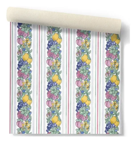 Papel Vinilico F/blanco Frutas Rayado Ideal Cocina X 9,50 Mt