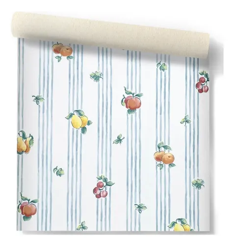 Papel Vinilico F/ Blanco Rayado Frutas Ideal Cocina X 9,5 Mt
