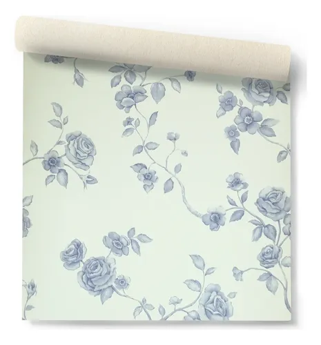 Papel Vinilizado Ramas Flores Azul Iara Muresco 71/1 Dstock