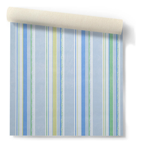 Papel Vinilizado Rayado Cuentos Muresco 7810/1 Decostock Celeste Y Verde