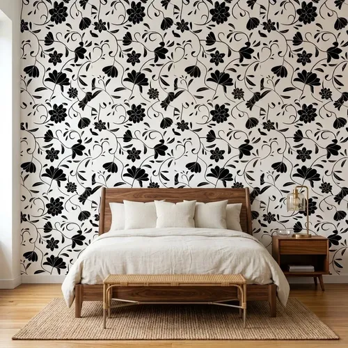 [46/3] Papel Vinilico Blanco Flores Negras Galia 46/3 Muresco Ds Blanco Y Negro
